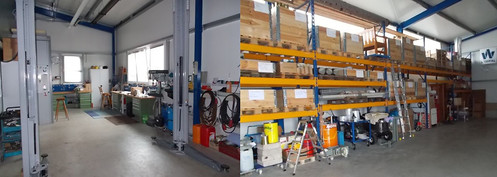 A peek inside the workshop; storage hall with replacement parts